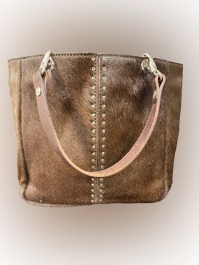 Frank Daniel Hair On Hide Leather Tote Bag Brown Studded Italian Handmade 8x8